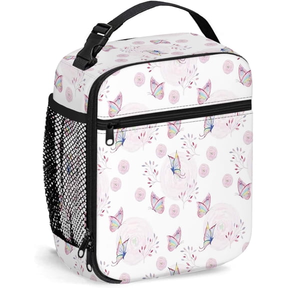 Butterfly,Lunch Bag Insulated Lunch Box Reusable Totes For Women Men Work Picnic Camping,Butterflies Romantic Spring,Portable Lunchbox for adults White Pink
