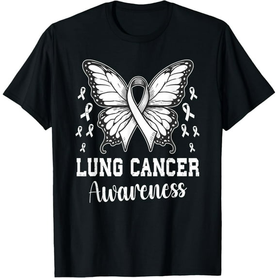 Butterfly Lung Cancer Awareness Month Support White Ribbon T-Shirt men and women can wear, black, white, gifts