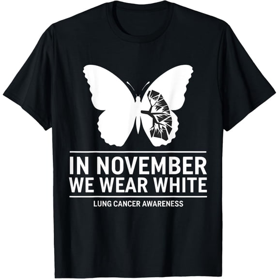 Butterfly Lung Cancer Awareness Month Support White Ribbon T-ShirtMen's and women's gift, black and white T-shirt, size: Extra large S-4XL