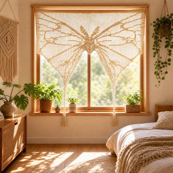 Butterfly Macrame Window Curtain, Handwoven Cotton Boho Window Valance Tassel Wall Hanging for Bedroom Home Decor