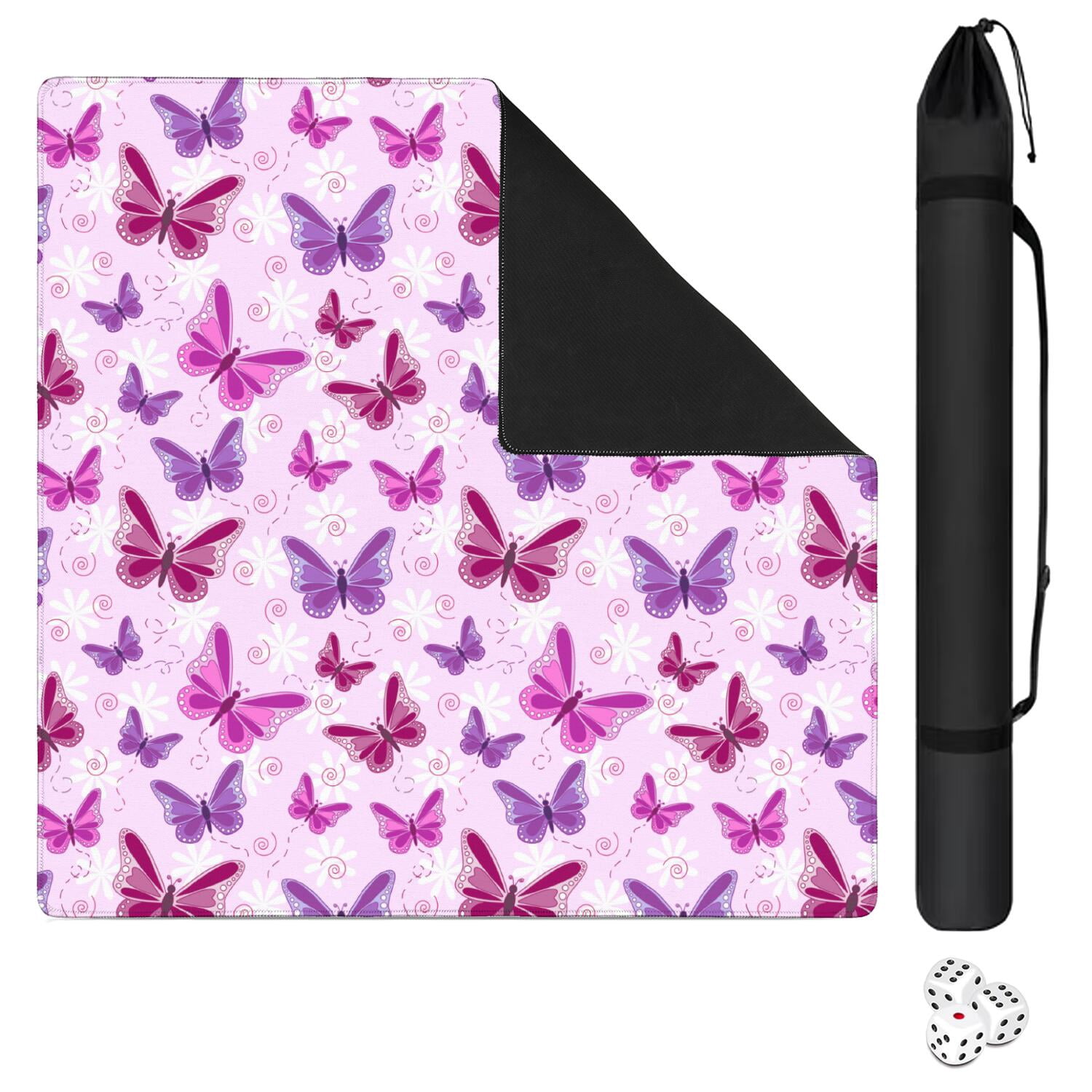 Butterfly Mahjong Mat for Table, 31.5*31.5in Anti Slip American Mahjong Table Cloth, Noise Reduction, Neoprene Mah jongg Mat with Carrying Bag & 3 Dices, Mahjong Set Gift for Board Tile Games Mats