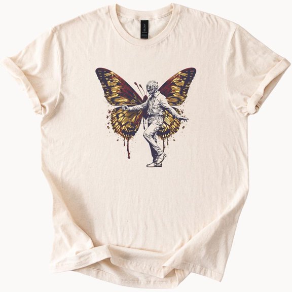 Butterfly Man Graphic Tee Surreal Insect Art T-Shirt Unique Design Top Birthday Gifts; For Men & Women