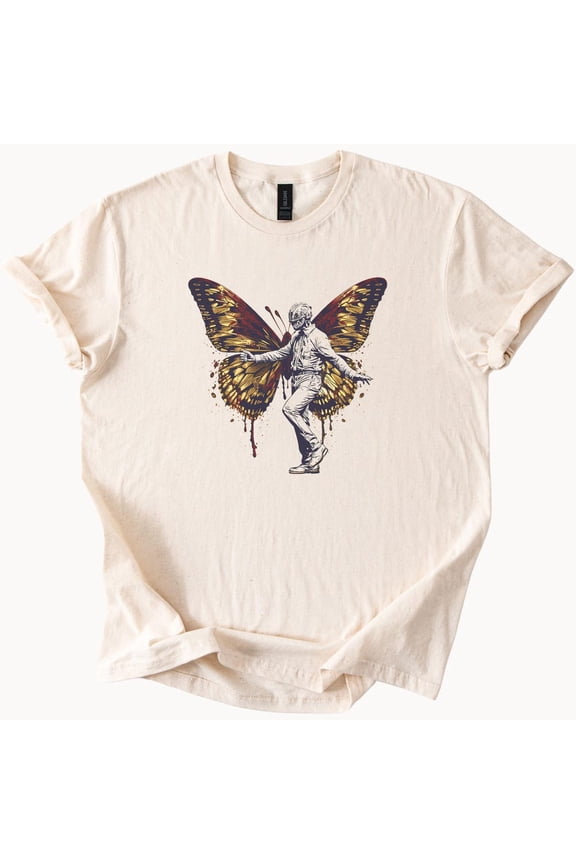 Butterfly Man Graphic Tee Surreal Insect Art T-Shirt Unique Design Top Birthday Gifts; For Men & Women