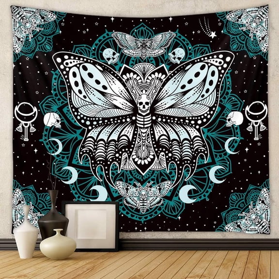 Butterfly Mandala Goth Tapestry Skull Trippy Hippie Tapestry Cool Moth Tapestry Witch Tapestry for Bedroom Aesthetic Horizontal Vintage Tapestries (40 x 30 inches)