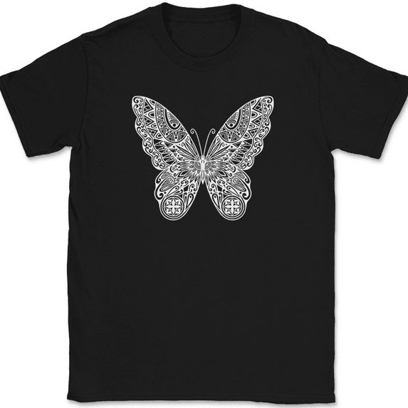 Butterfly Mandala T-Shirt Beautiful Pattern Insect Graphic Gift Tee - Black, 5XL