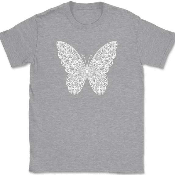 Butterfly Mandala T-Shirt Beautiful Pattern Insect Graphic Gift Tee - Heather Grey, M