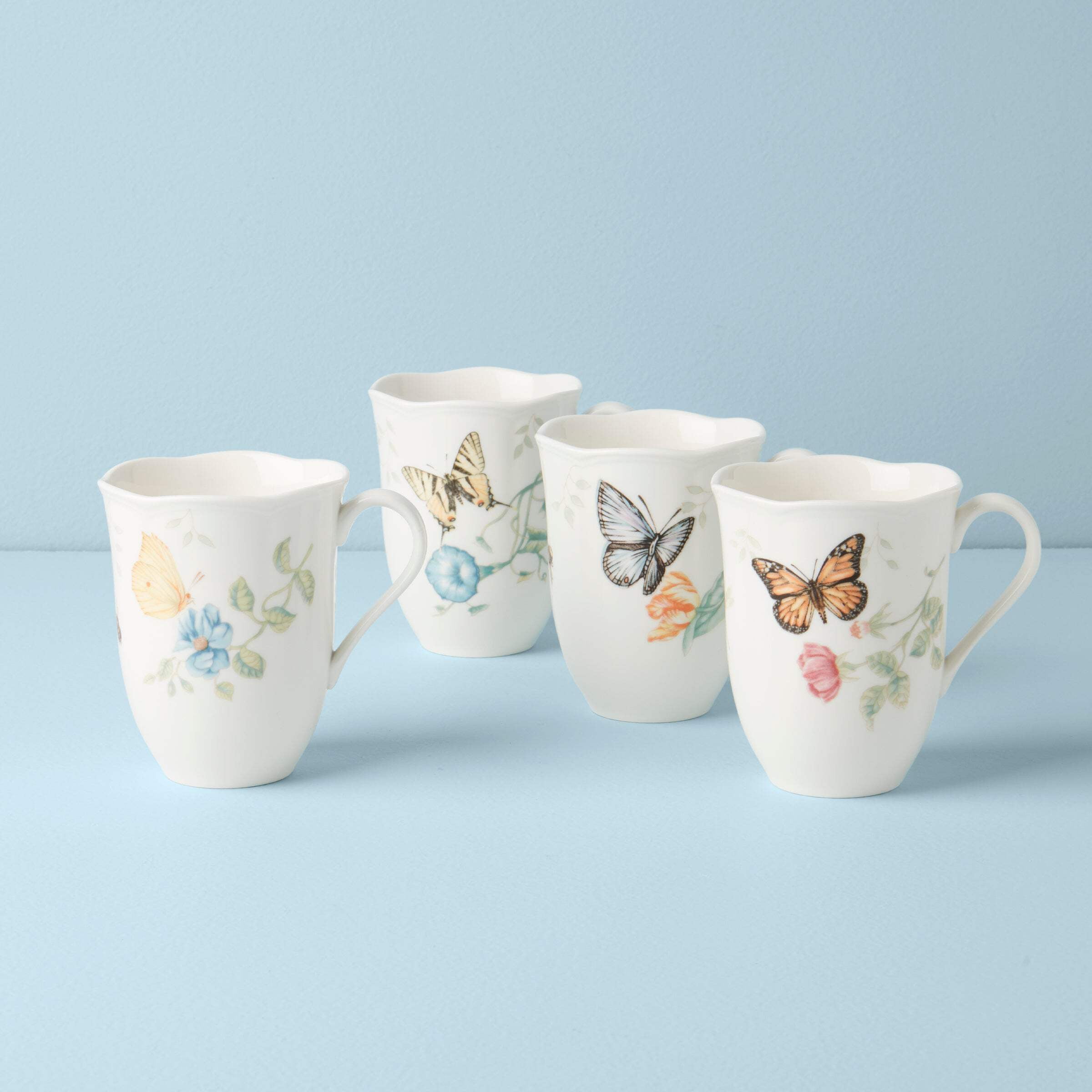 White Ceramic Butterfly Floral Spring Mug Set, 4-Piece