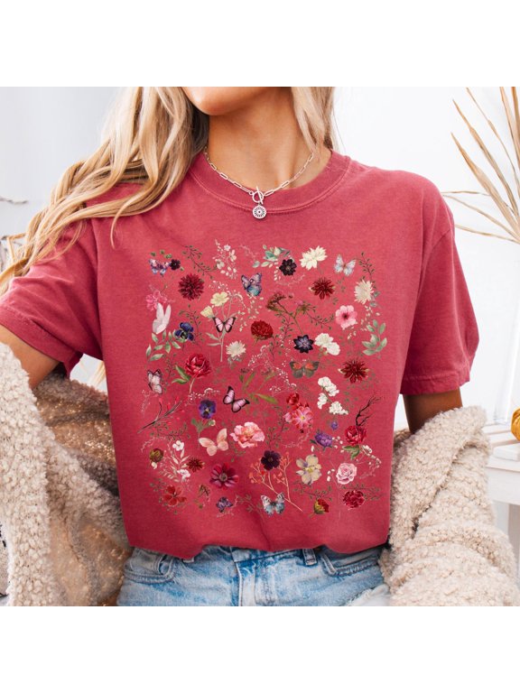 Butterfly Meadow Graphic Tee, Dark Aesthetic Floral Shirt, Botanical Butterfly Top, Aesthetic Nature T-Shirt, Whimsical Garden Clothes