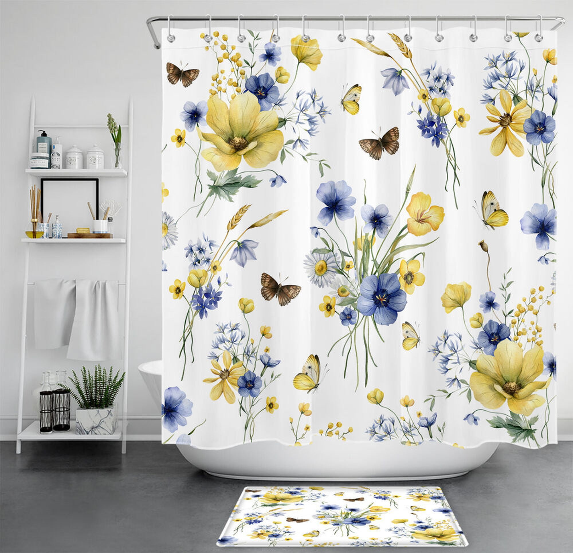 Butterfly Meadow Shower Curtain Blue Floral Bathroom Decor with