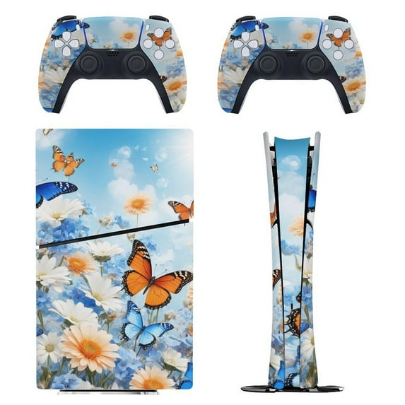 Butterfly Meadow Sky Console Skin Bundle for PS5 Pro Slim Disc & Digital / PS4 – Full Wrap + Dual Controller Flair