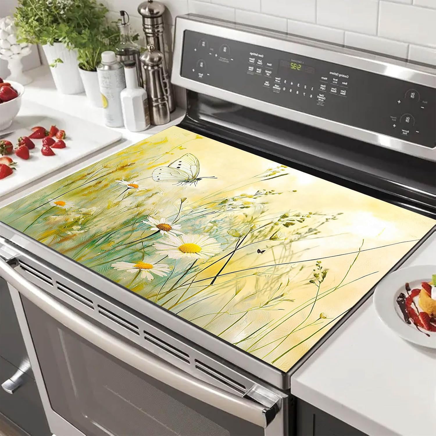 Butterfly Meadow Stove Top Cover for Electric 28x20 Inch Kitchen Decor Glass Cooktop Protector Heat Resistant Countertop Mat with Daisy Flowers Design for glasstop stoves decorative