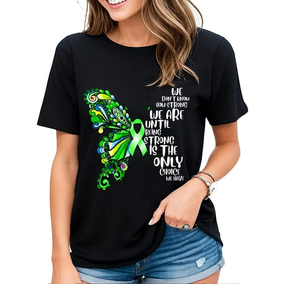 Butterfly Mental Health T-Shirt for Women Green Ribbon Awareness Casual Short Sleeve Tops Black 3X-Large