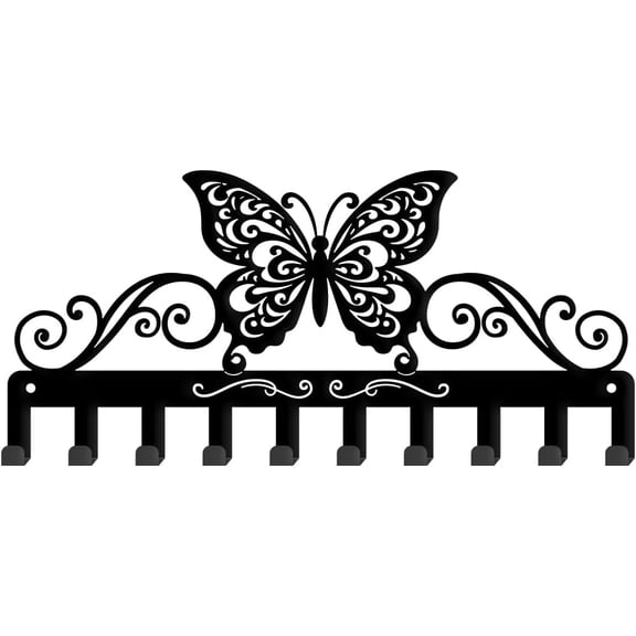Butterfly Metal Key Hook Curly Pattern Decorative 10 Hooks Black Key Hanger Organizer Wall Hanging Hooks Personalized Holder Rack Dog Leash Hanger for Home Wall Front Door 13x5.9in