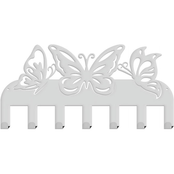Butterfly Metal Key Hook Holder Silver Insects Decorative 7 Hook Key Organizer Wall Mounted Entryway Key Belt Umbrella Hooks Personalized Key Hanger for Front Door Garden Bedroom White