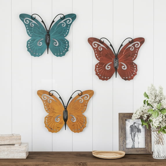 Butterfly Metal Wall Art 3 Piece Set- Hand Painted Decorative 3D Nature Butterflies for Modern Farmhouse Rustic Home or Office Decor By Lavish Home