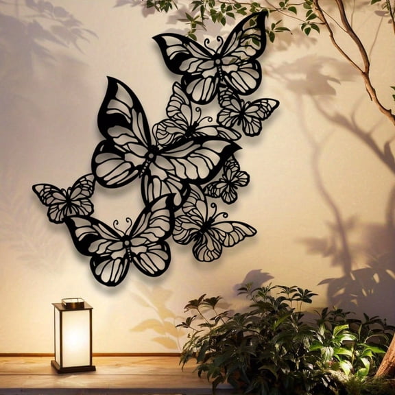 Butterfly Metal Wall Art - Elegant Black and White Iron Carving with Exquisite Leaf Motifs.