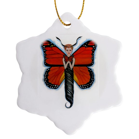 3drose, Butterfly Monarch Monarch Butterfly Human Butterfly Orange Wings Whimsical Pastels, 3 inch Snowflake Porcelain Ornament