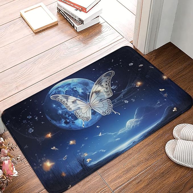 Butterfly and Moon Doormat Indoor Outdoor Durable Washable,Funny Non