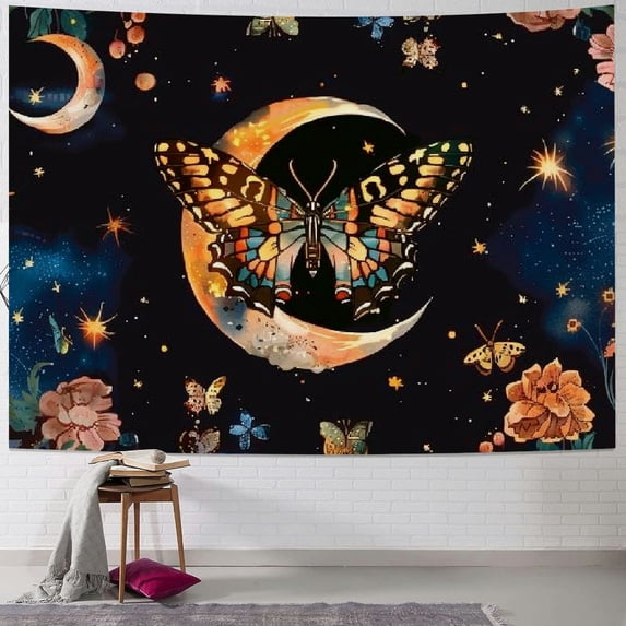 Butterfly Moon Phase Flower Tapestry Botanical Floral Plant  Tapestry for Bedroom Aesthetic Vintage Tapestries Wall Hanging for Living Room Dorm