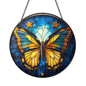 Butterfly Moon Stained Glass Style Window Hanging – Celestial Boho Art Decor