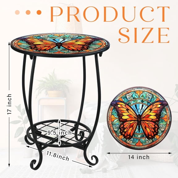 Butterfly Mosaic Round Side Table 14 Inch, 2 Tier Storage End Table, Indoor Outdoor Patio Plant Coffee Accent Table for Garden Bedroom