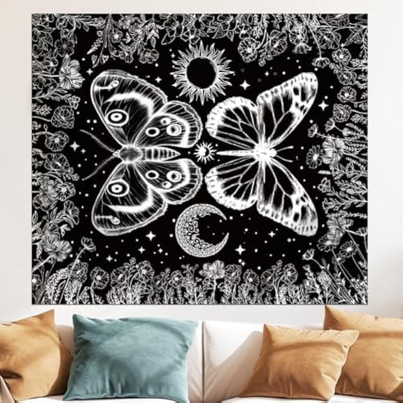Butterfly Moth Photography Backdrops Black and White Background Cloth Plants Flowers Sun Moon Aesthetic Tapestry Backdrop Banner Party Photo Studio Home Wall Decor 130x150cm/4.9x4.3ft