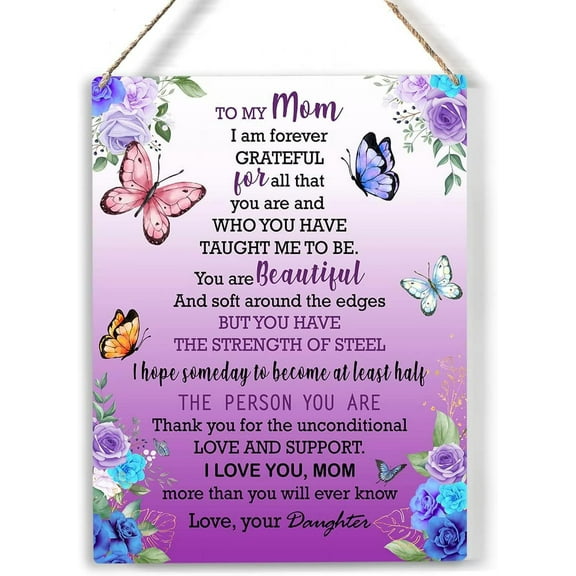 Butterfly Mother Wood Sign to My Mom I am Forever Grateful Wooden Signs Rustic Hanging Plaque Home Wall Art 8x10, Perfect Mom Sign Wall Decor for Home Bedroom