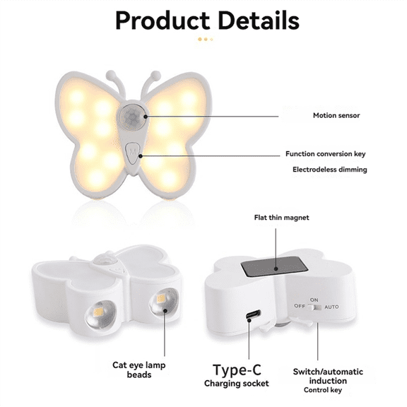 Butterfly Motion Sensor Night Light LED Under Cabinet Rechargeable Lamp Wardrobe Stair B ywm58