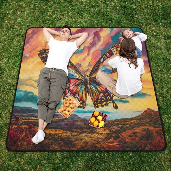 Butterfly Mountain Clouds Beach Blanket Outdoor Picnic Blanket 78"x 78" Waterproof Foldable for Beach Camping Travel Hiking Grass Lawn Park