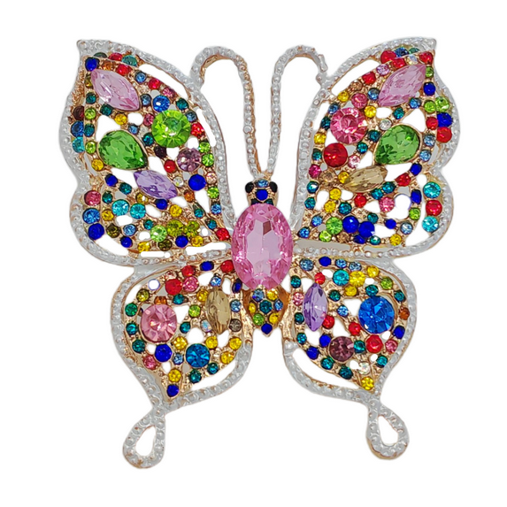 Butterfly Multicolored Crystal Brooch, Gold-toned