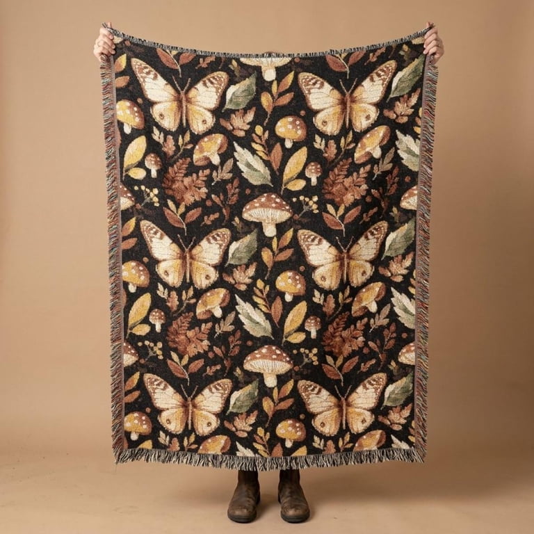 Butterfly Mushroom Botanical Woven Throw Blanket, Cotton with Fringed ...