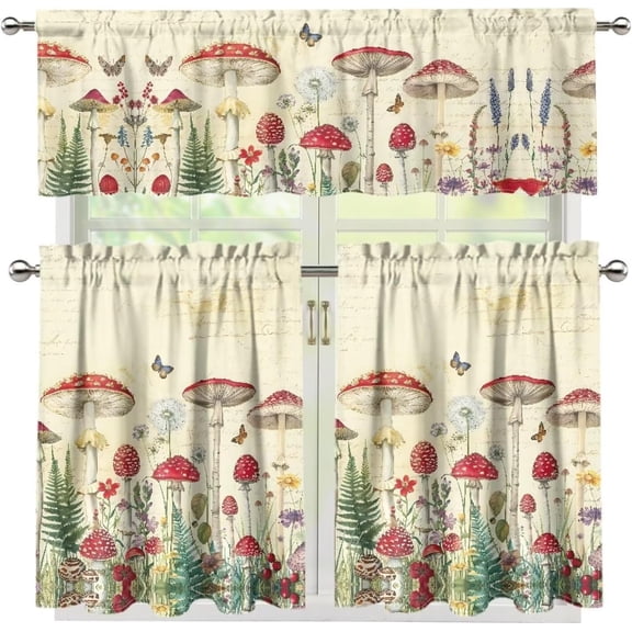 Butterfly Mushroom Kitchen Curtains Tier and Valance Set 3-Piece Small Window Curtain Country Rustic Farmhouse Vintage Light Filtering, 28W x 36L Tier Pair, 56W x 18L Valance
