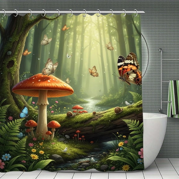 Butterfly Mushroom Print Shower Curtain,Modern Fabric Waterproof Shower Curtain Set with Hooks 70.8×70.8Inch (180×180cm)