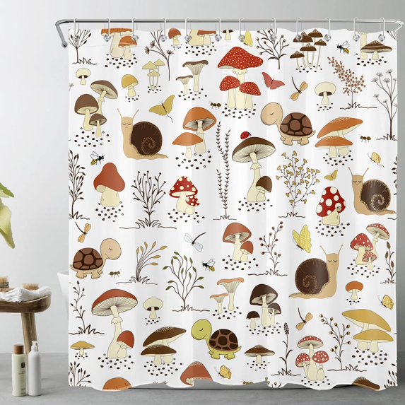 Butterfly and Mushroom Shower Curtain Decor, Cute Snail and Tortoise Country Herb Plant Floral Shower Curtains for Bathroom 72X84 inch Polyester Fabric Bathroom Decoration Bath Curtains Hooks Included