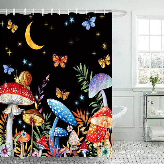 Butterfly Mushroom Shower Curtain, Trippy Moon Stars Floral Shower Curtain, Waterproof & Washable Shower Curtains for Bathroom, Home Bathroom Decor Shower Curtain Set 12 Hooks Included - 72 x 72 Inch