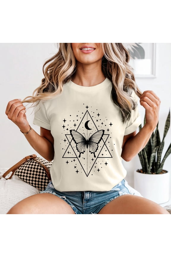 Butterfly Mystical Celestial Womens T-Shirt Graphic Star Moon Tee All Size S-5XL