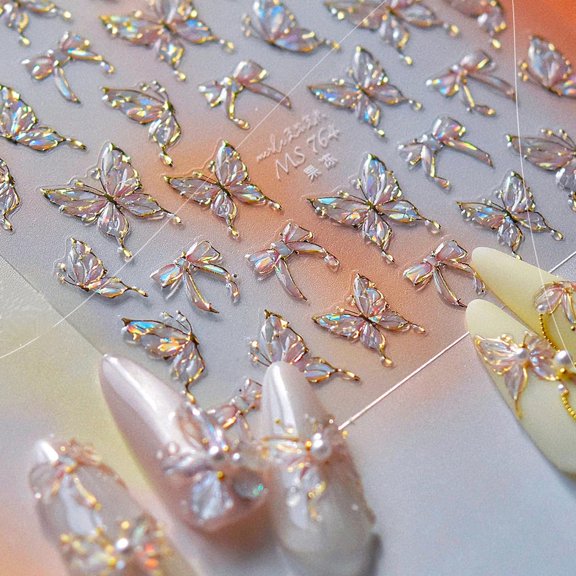 Butterfly Nail Art Stickers Decals Pink Shell Light Butterfly Nail Decals 1PCS 5D Embossed Jelly Butterflies Bow Design Nails Adhesive Stickers Nail Art Supplies for Women Spring Nails Decorations