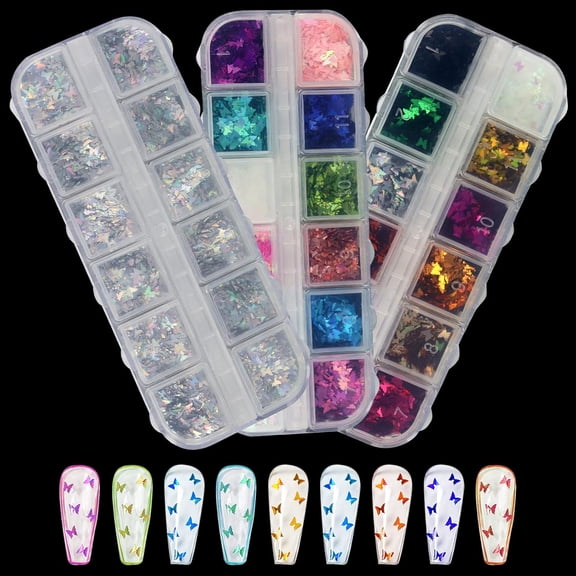 Butterfly Nail Glitter Flakes 3Pack Iridescent Acrylic Sequins Press on Nails Art Decoration