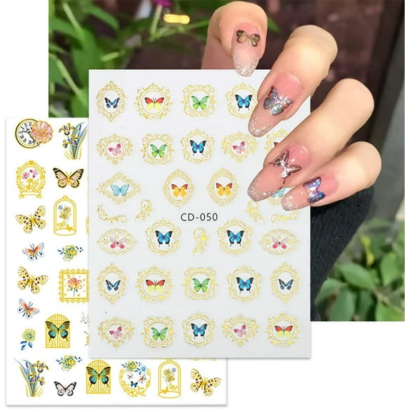 Butterfly Nails Art Stickers, 3D Self-Adhesive Gold Nail Art Supplies Butterflies and Flowers Nail Design DIY Nail Charm Nail Decorations for Women