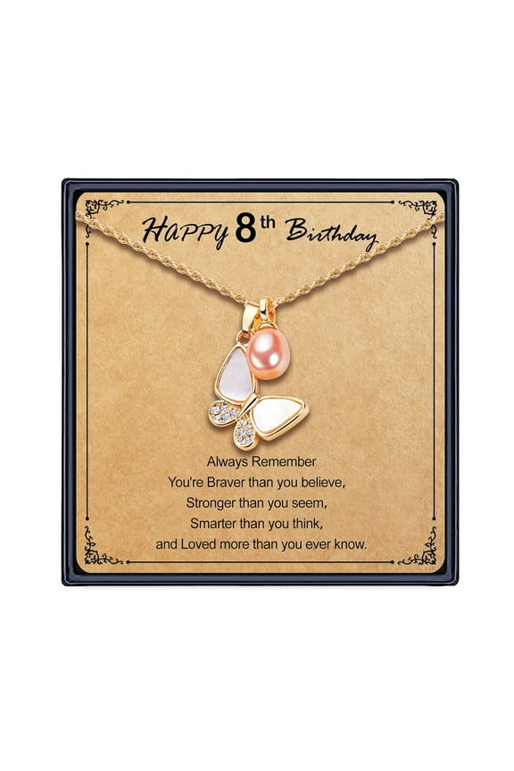 Butterfly Necklace as 8 Year Old Birthday Gift Ideas Christmas Gifts for Daughter Granddaughter Niece, Pink Pearl Gold Plated Necklace 8th Birthday Necklace with Message Card