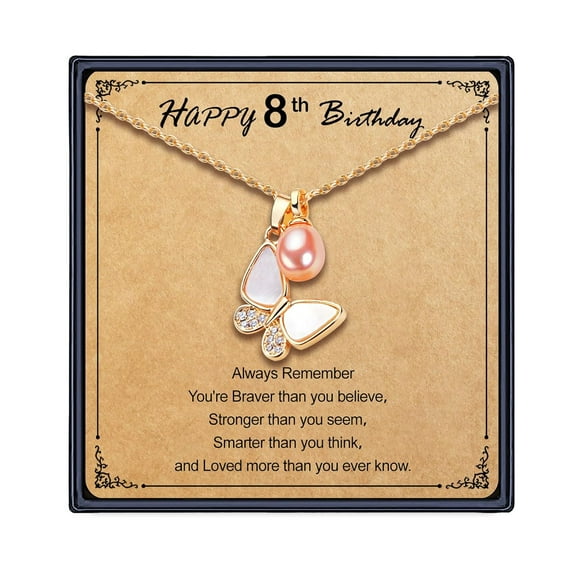 Butterfly Necklace as 8 Year Old Birthday Gift Ideas Christmas Gifts for Daughter Granddaughter Niece, Pink Pearl Gold Plated Necklace 8th Birthday Necklace with Message Card