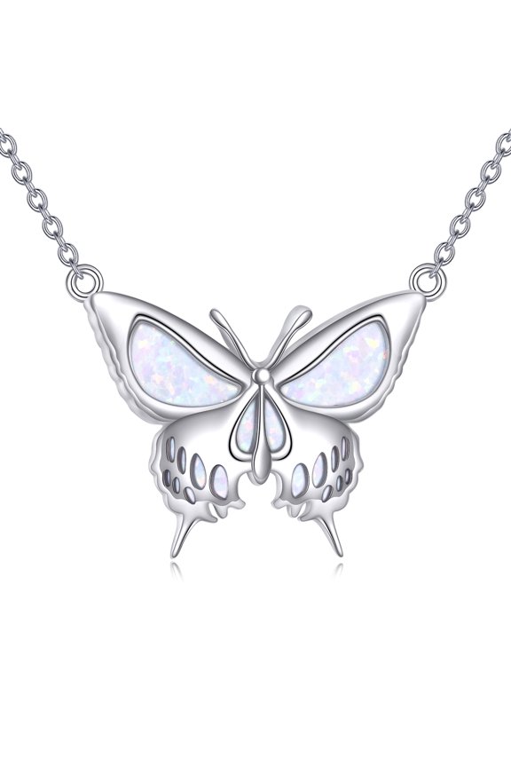 Butterfly Necklace 925 Sterling Silver Skull Opal Butterfly Pendant Dainty Cute Jewelry Birthday Christmas Gift For Women