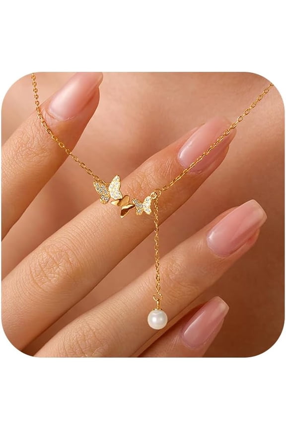 Butterfly Necklace for Women,925 Sterling Silver 14K Gold Plated Dainty Cubic Zirconia Pendant Necklace to Daughter Mother Gold Butterfly Pearl Drop Choker Necklace Birthday Wedding