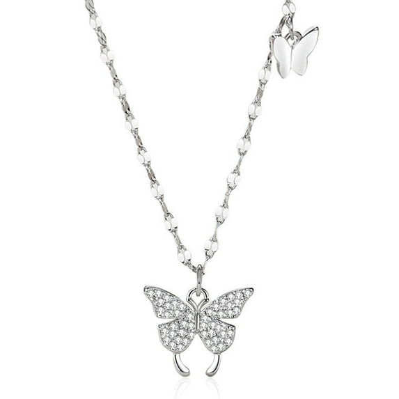 Butterfly Necklace for Women, 999 Sterling Silver Dainty Double Butterfly Pendant Necklace with Cubic Zirconia, Cute Choker Necklaces Jewelry Gifts for Women Mom Friends Grandma