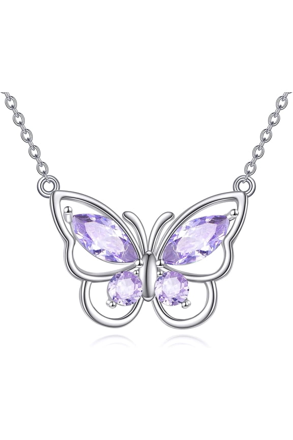 Butterfly Necklace for Women 925 Sterling Silver Crystal Butterfly Pendant Birthstone Amethyst Jewelry Gift