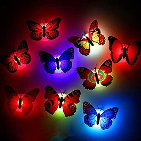 Butterfly Night Lamp Colour-Full Home Decoration Color Changing Led Butterfly Light- Peel and Stick (Multi-Color,Pack of 10)