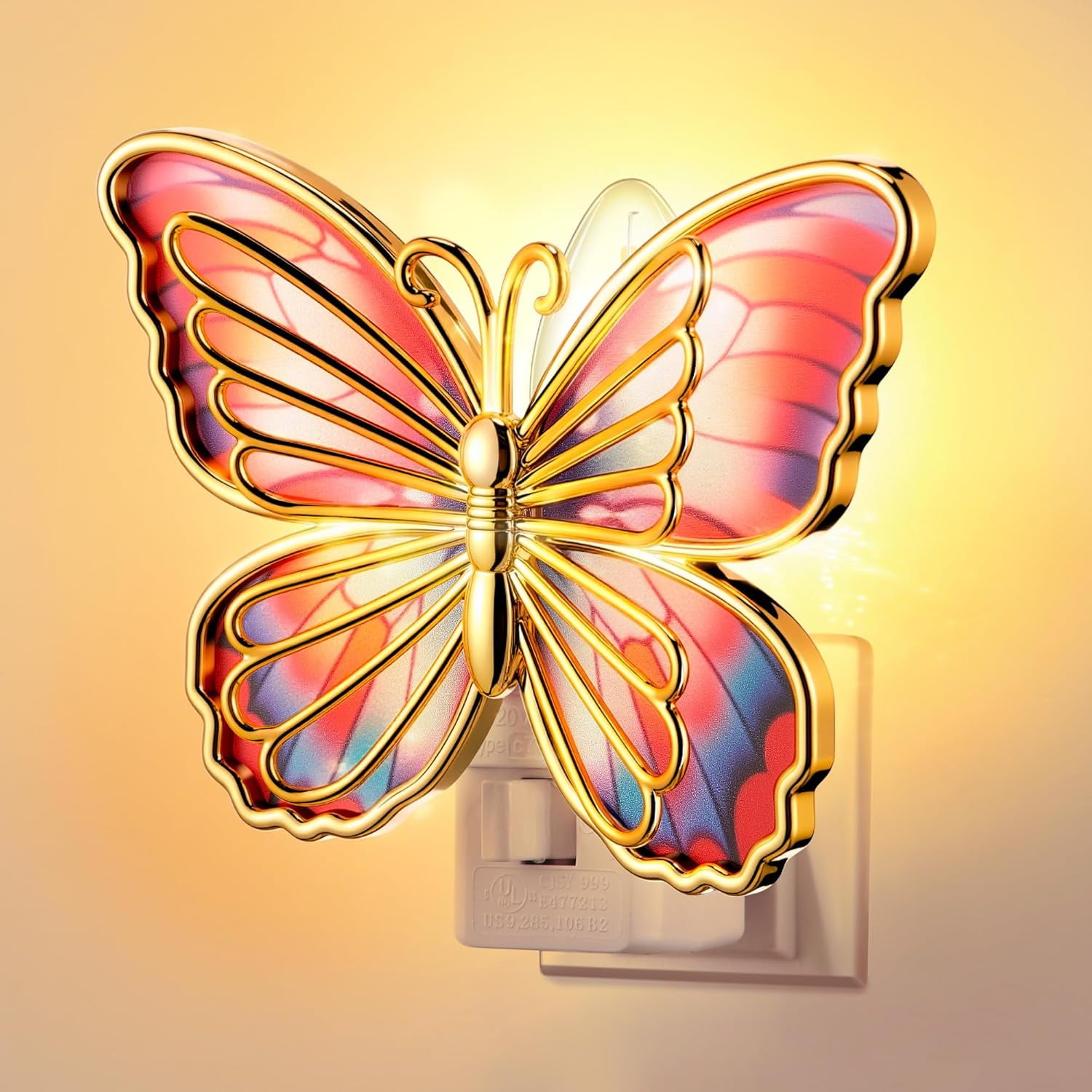 Butterfly Night Light, LED Butterfly Night Light Plug into Wall, Manual On/Off Switch, Monarch with Gold Trim Decorative, Energy Saving, 360° Swivel Plug, Girl Bedroom Bathroom Hallway(Orange)