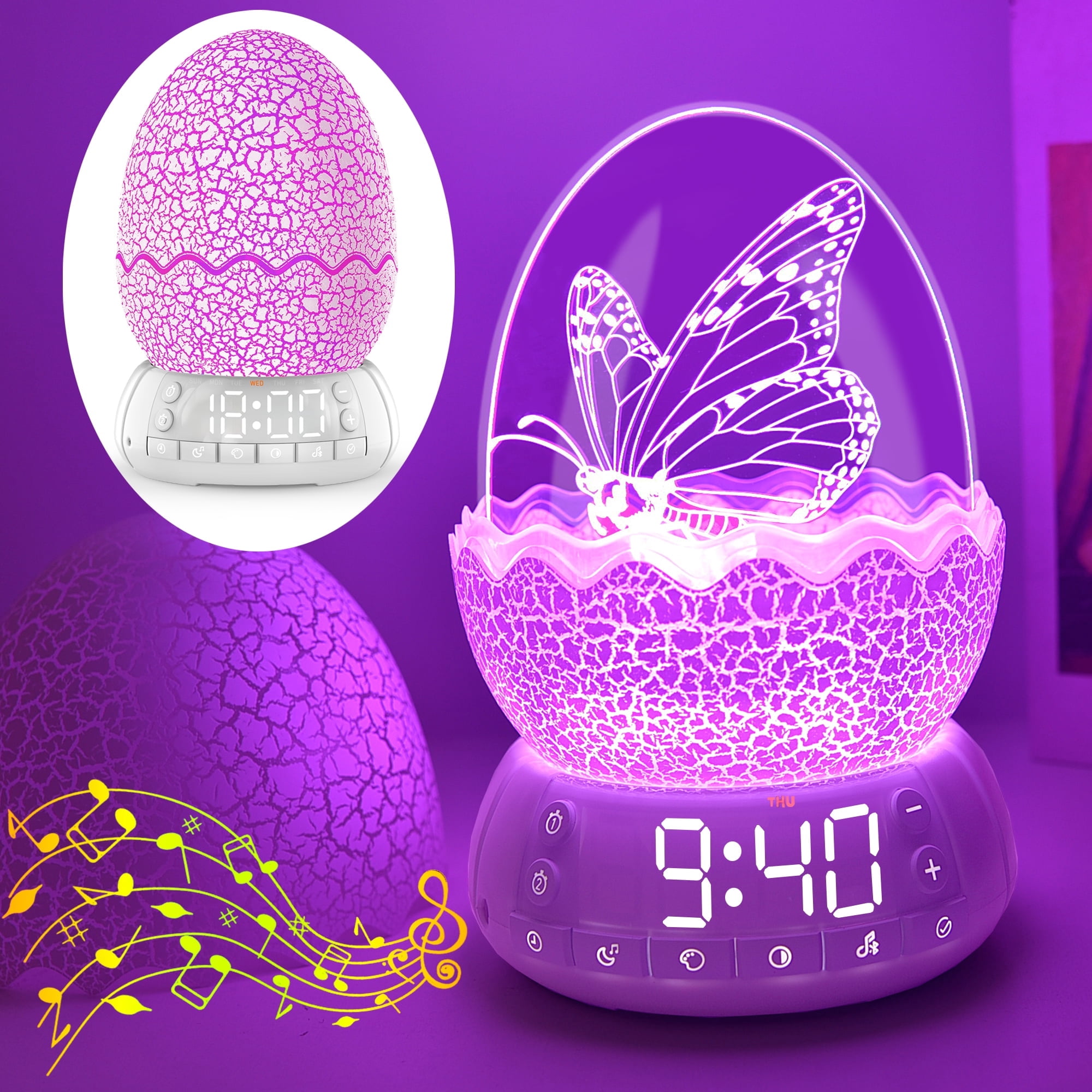 Butterfly Night Light Sleep Lamp with Lullaby White Noise LED Décor Light with Digital Clock Alarm Clock Gifts for Boys & Girls (Butterfly)