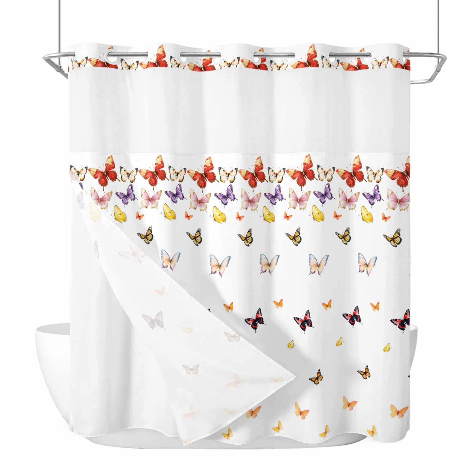 Butterfly No Hooks Shower Curtain with Snap-in Liner Colorful Butterfly ...