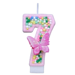 Butterfly Number Candle, Playful Themed Candle, Pink Glitter Number 7 Birthday Candle With Colorful Pom Poms & Butterfly, Cake Topper for 7th Birthday Party Decorations, Butterfly D Number 7